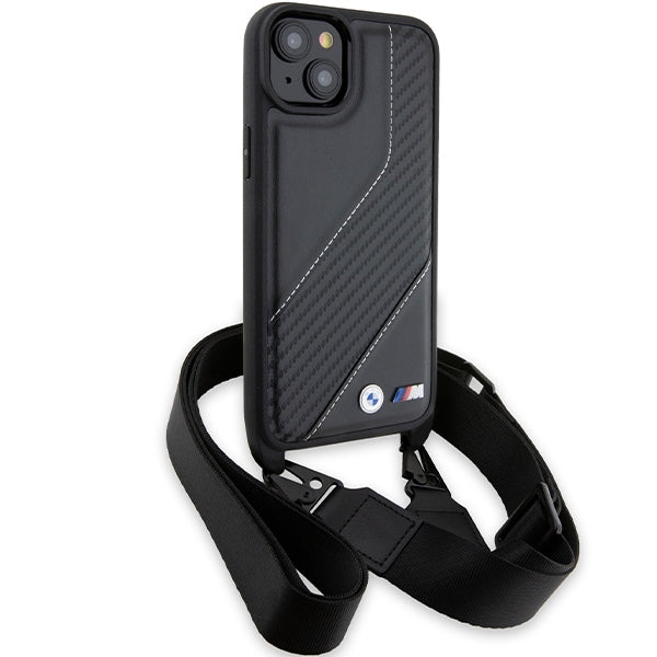 Калъф за Apple iPhone 15 Plus, BMW, M Edition Carbon Stripe & Strap, Черен