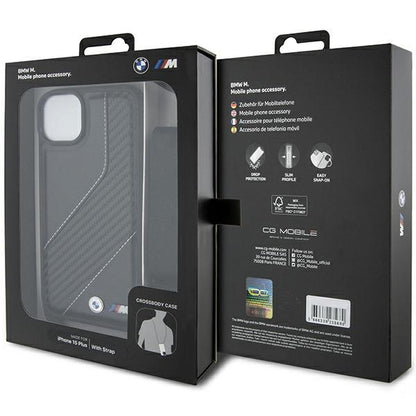 Калъф за Apple iPhone 15 Plus, BMW, M Edition Carbon Stripe & Strap, Черен