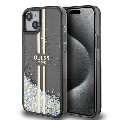 Калъф за Apple iPhone 15 Plus, Guess, Liquid Glitter Gold Stripes, Черен