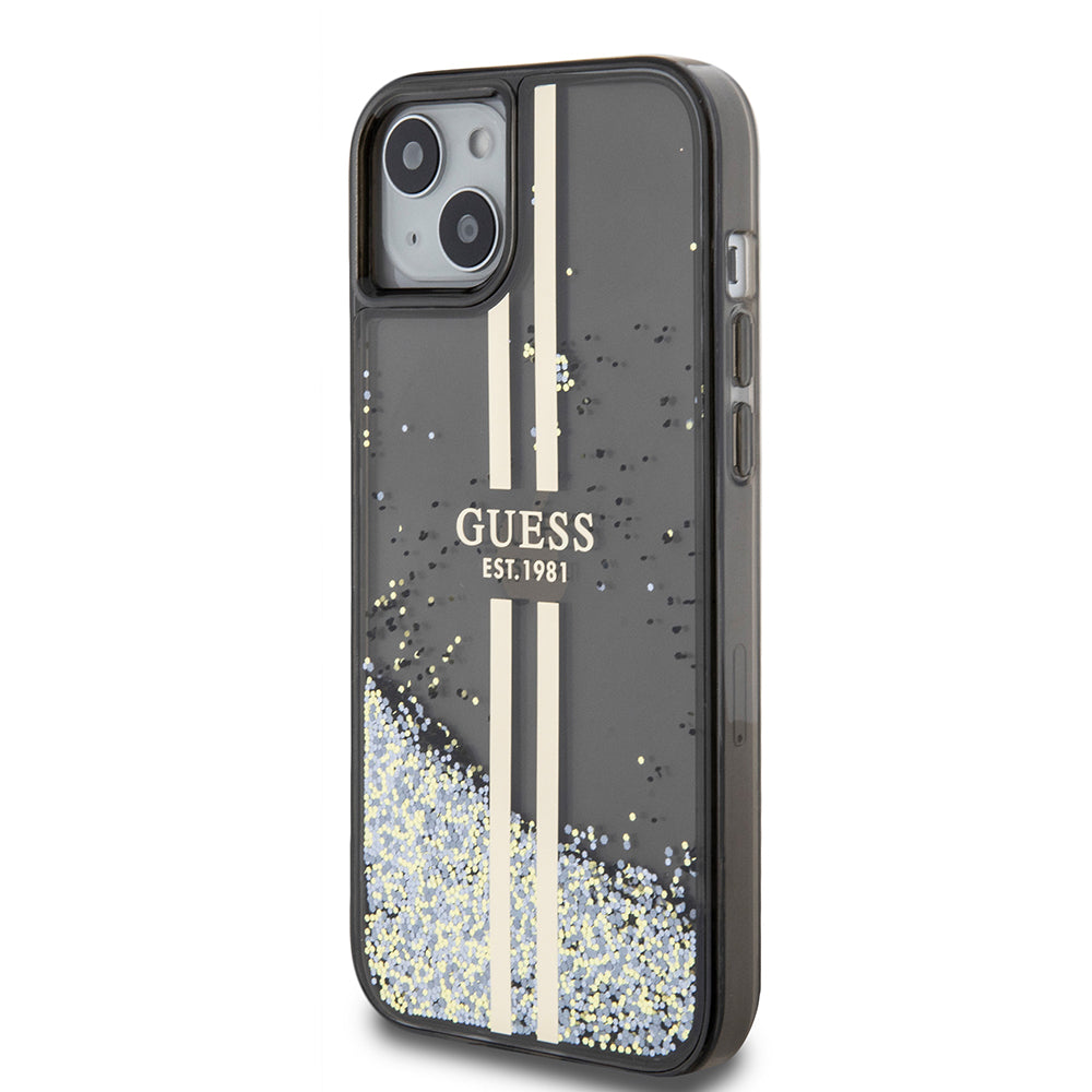 Калъф за Apple iPhone 15 Plus, Guess, Liquid Glitter Gold Stripes, Черен