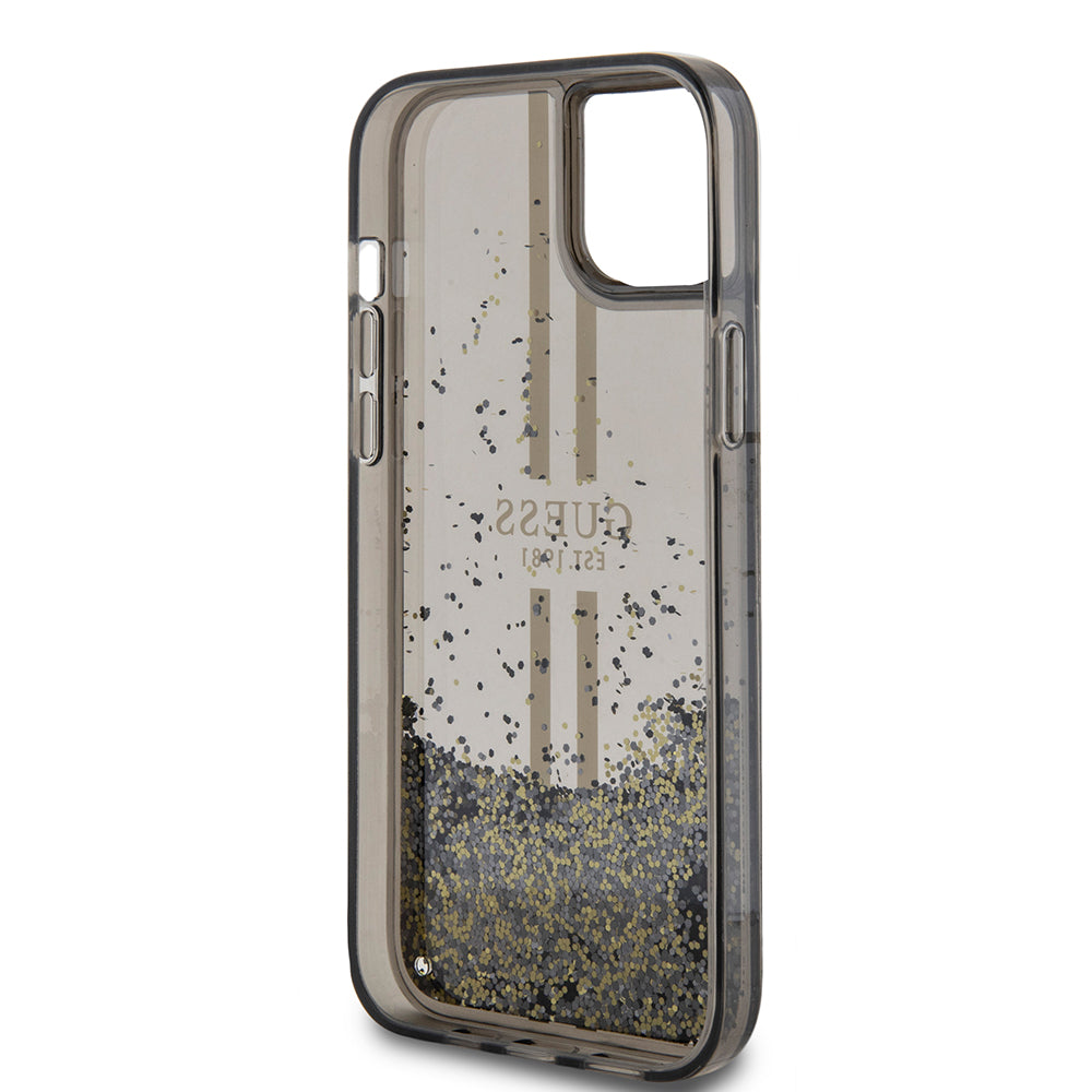 Калъф за Apple iPhone 15 Plus, Guess, Liquid Glitter Gold Stripes, Черен