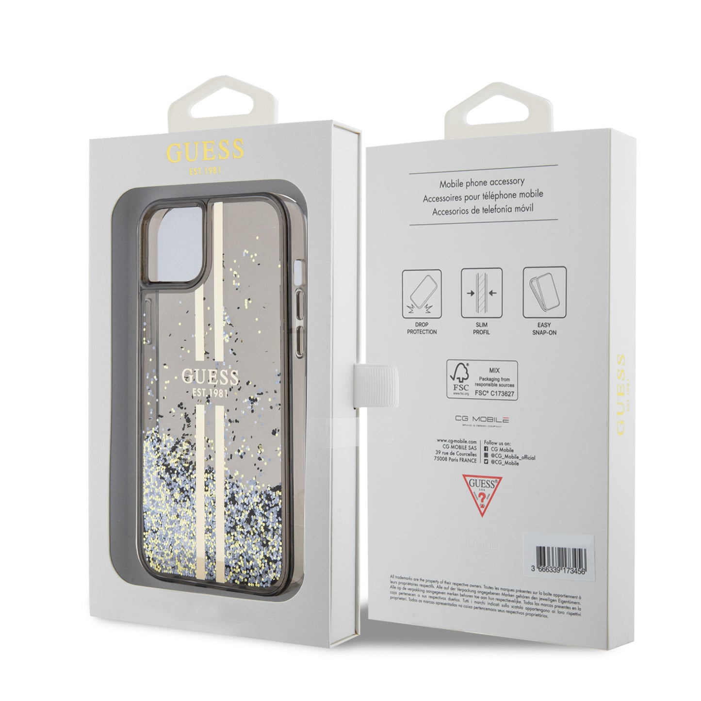 Калъф за Apple iPhone 15 Plus, Guess, Liquid Glitter Gold Stripes, Черен