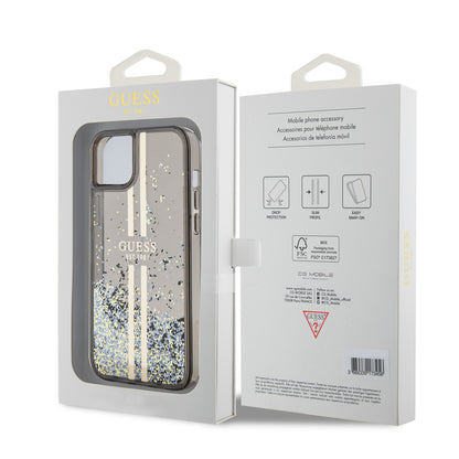 Калъф за Apple iPhone 15 Plus, Guess, Liquid Glitter Gold Stripes, Черен