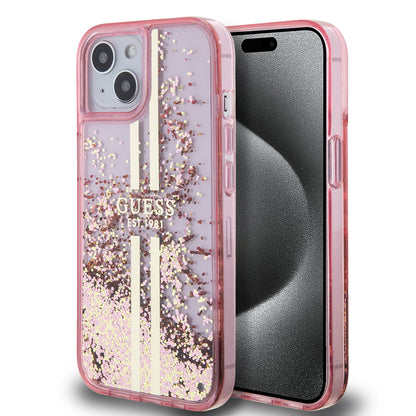 Калъф за Apple iPhone 15 Plus, Guess, Liquid Glitter Gold Stripes, Розов