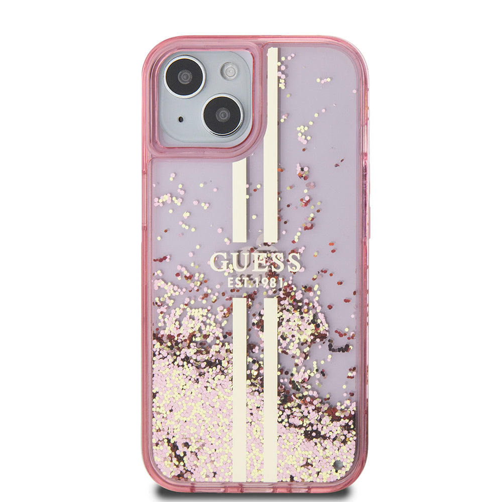 Калъф за Apple iPhone 15 Plus, Guess, Liquid Glitter Gold Stripes, Розов