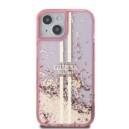 Калъф за Apple iPhone 15 Plus, Guess, Liquid Glitter Gold Stripes, Розов