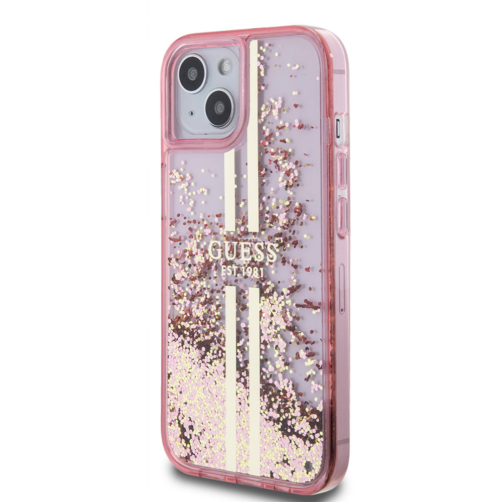 Калъф за Apple iPhone 15 Plus, Guess, Liquid Glitter Gold Stripes, Розов