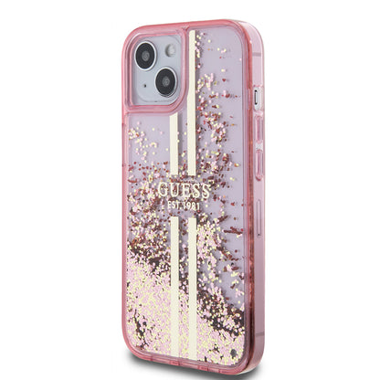Калъф за Apple iPhone 15 Plus, Guess, Liquid Glitter Gold Stripes, Розов