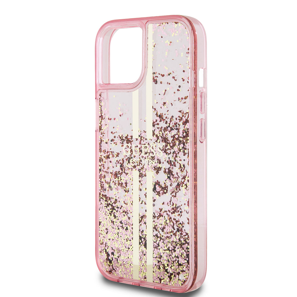 Калъф за Apple iPhone 15 Plus, Guess, Liquid Glitter Gold Stripes, Розов