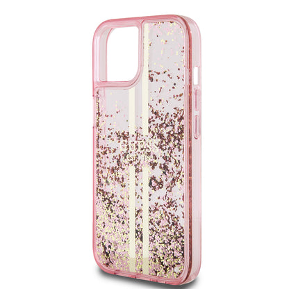 Калъф за Apple iPhone 15 Plus, Guess, Liquid Glitter Gold Stripes, Розов