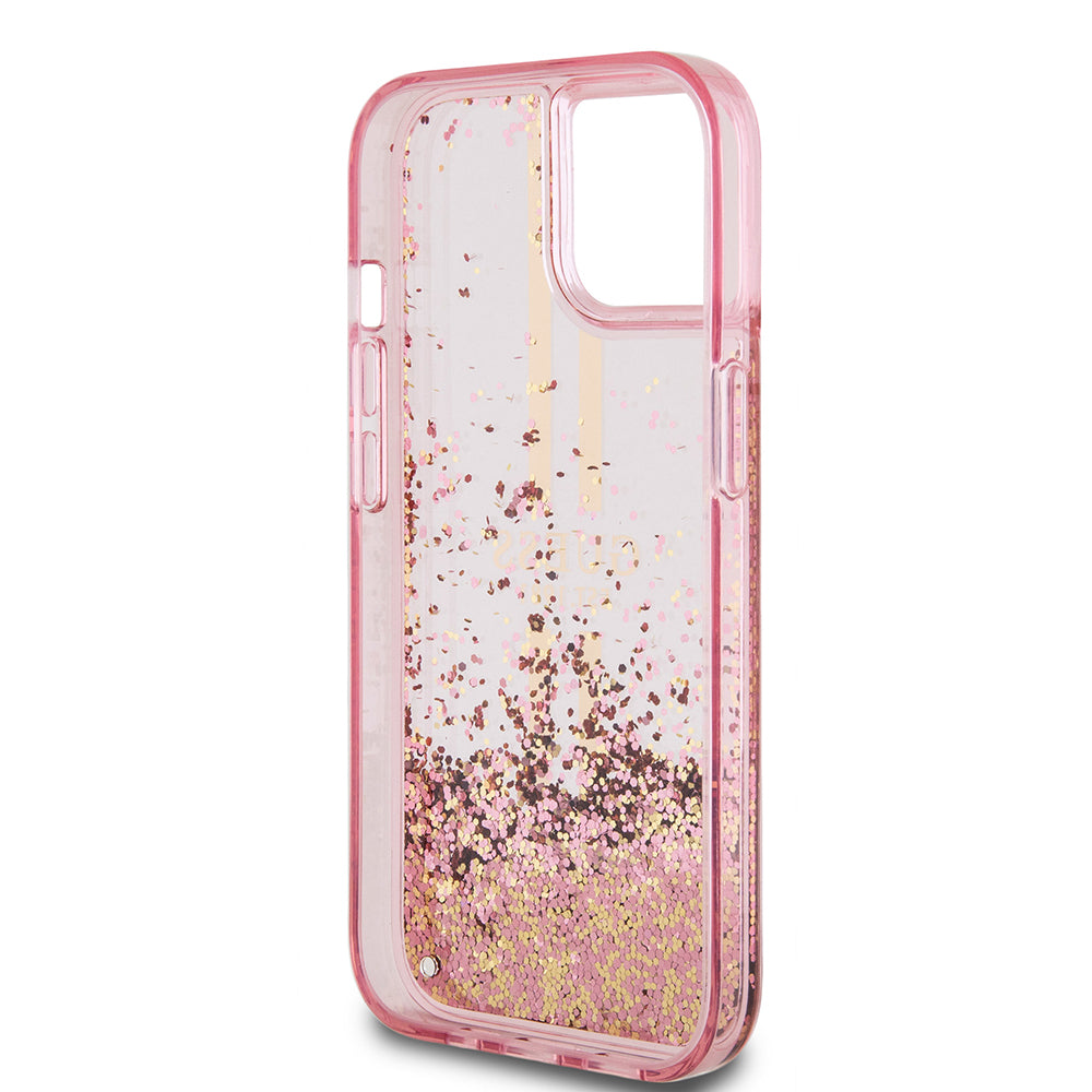 Калъф за Apple iPhone 15 Plus, Guess, Liquid Glitter Gold Stripes, Розов