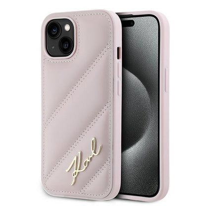 Калъф за Apple iPhone 15 Plus, Karl Lagerfeld, Diagonal Quilted Script, Розов