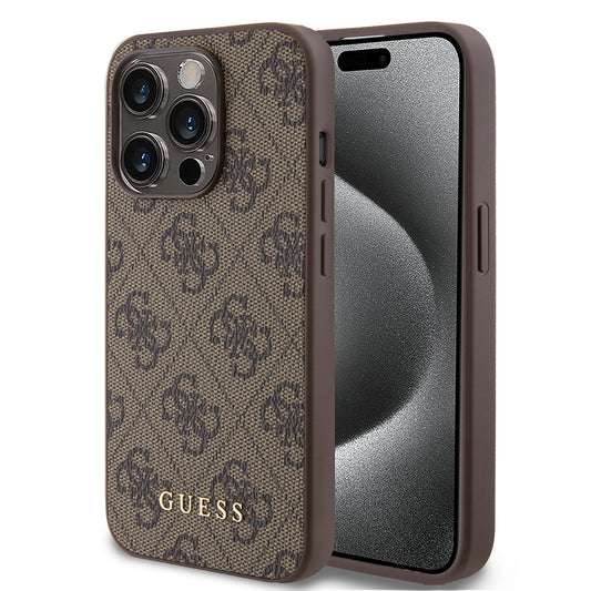 Калъф за Apple iPhone 15 Pro, Guess, 4G Metal Gold Logo, Кафяв