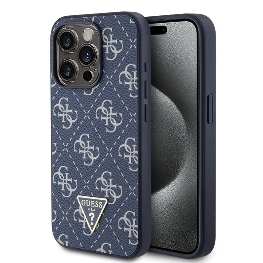 Калъф за Apple iPhone 15 Pro, Guess, 4G Triangle Logo, Син