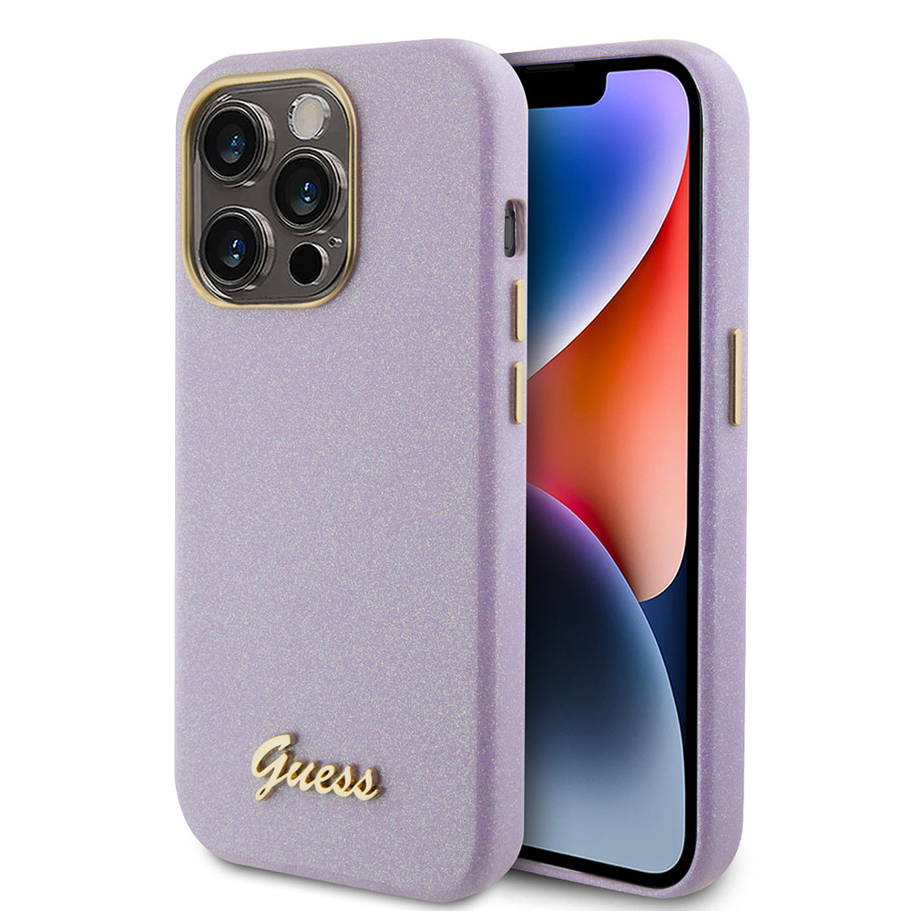 Калъф за Apple iPhone 15 Pro, Guess, Glitter Glossy Script, Светло лилав