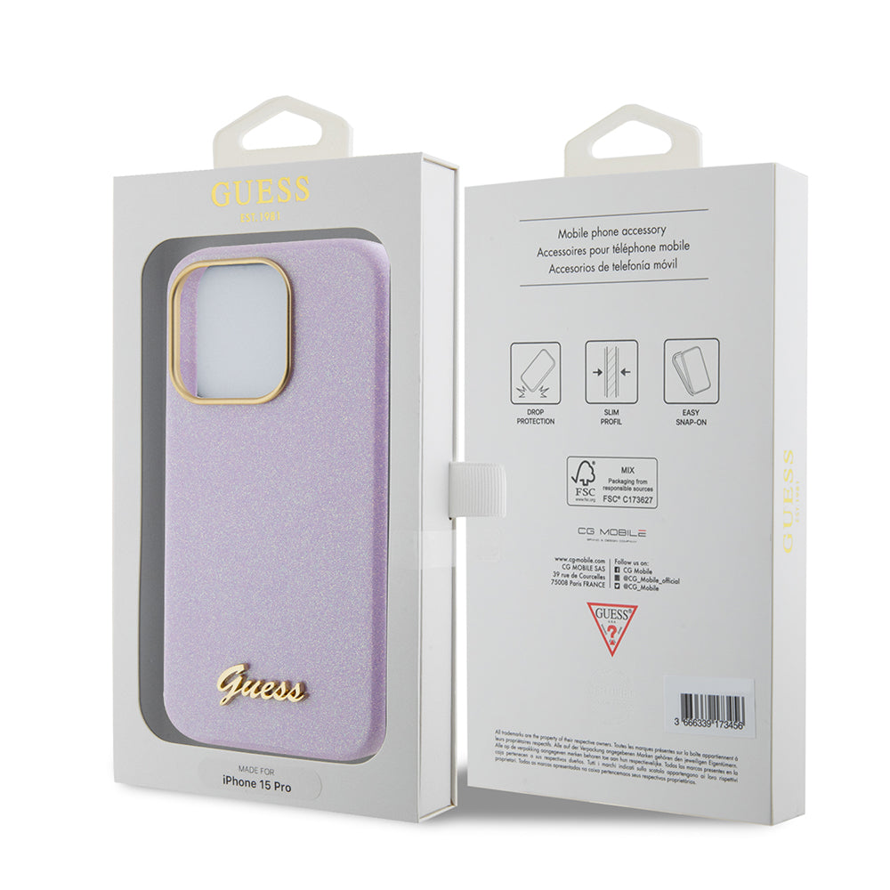 Калъф за Apple iPhone 15 Pro, Guess, Glitter Glossy Script, Светло лилав