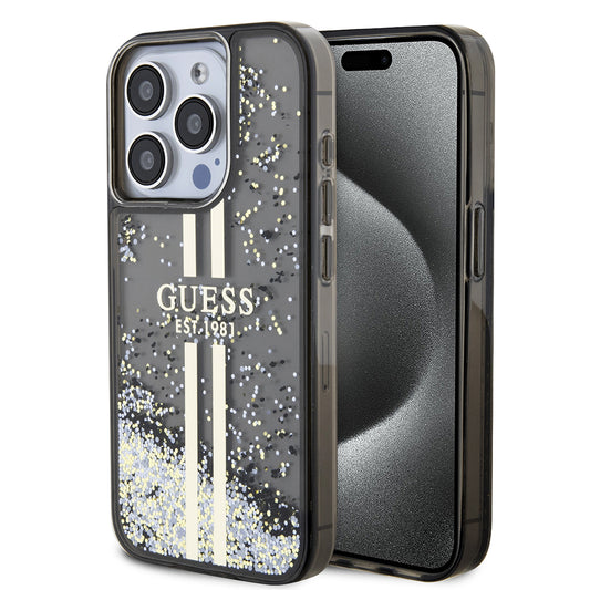 Калъф за Apple iPhone 15 Pro, Guess, Liquid Glitter Gold Stripe, Черен
