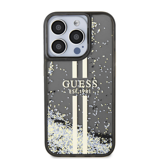 Калъф за Apple iPhone 15 Pro, Guess, Liquid Glitter Gold Stripe, Черен