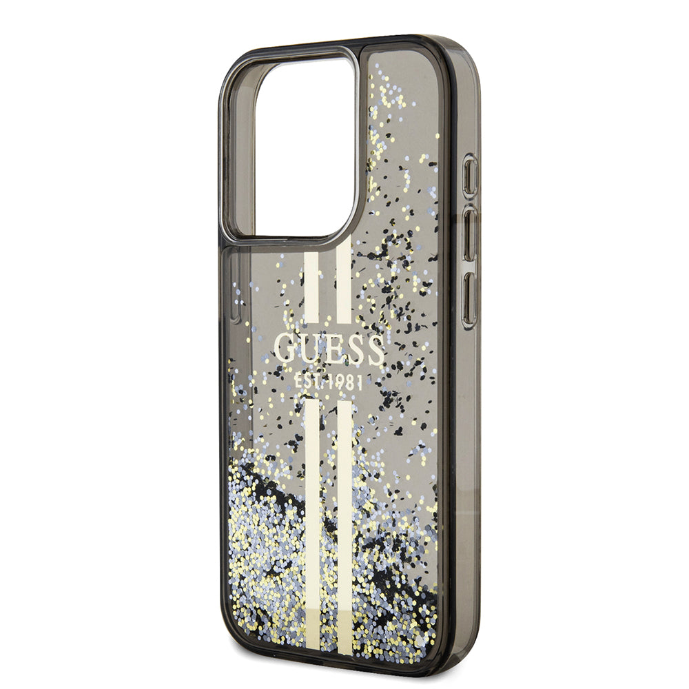 Case for Apple iPhone 15 Pro, Guess, Liquid Glitter Gold Stripe, Black