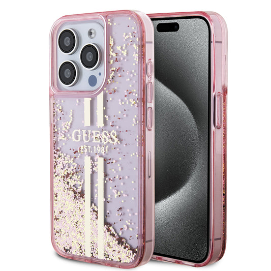 Калъф за Apple iPhone 15 Pro, Guess, Liquid Glitter Gold Stripes, Розов