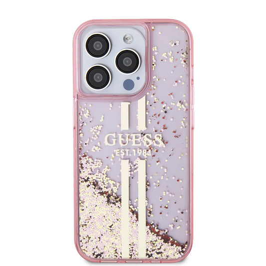 Калъф за Apple iPhone 15 Pro, Guess, Liquid Glitter Gold Stripes, Розов