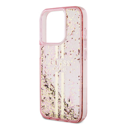 Case for Apple iPhone 15 Pro, Guess, Liquid Glitter Gold Stripes, Pink