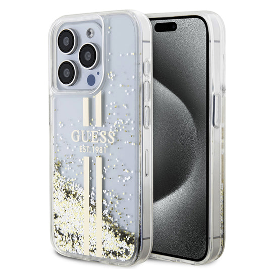 Калъф за Apple iPhone 15 Pro, Guess, Liquid Glitter Gold Stripes, Прозрачен