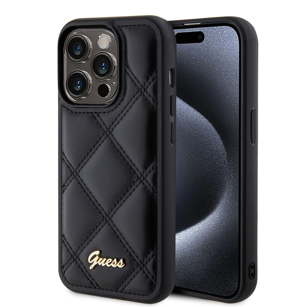 Калъф за Apple iPhone 15 Pro, Guess, Quilted Metal Logo, Черен