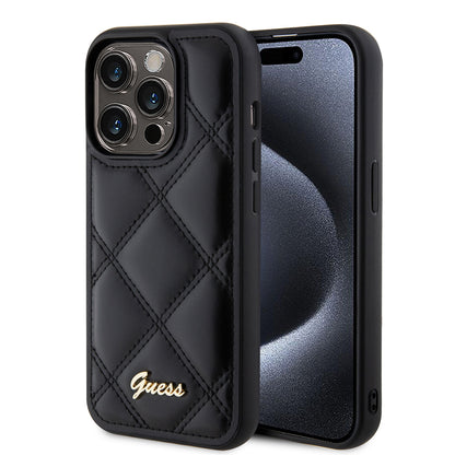 Калъф за Apple iPhone 15 Pro, Guess, Quilted Metal Logo, Черен