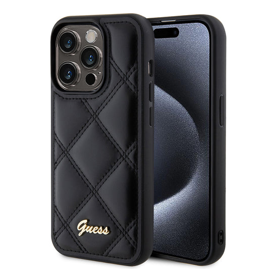 Калъф за Apple iPhone 15 Pro, Guess, Quilted Metal Logo, Черен