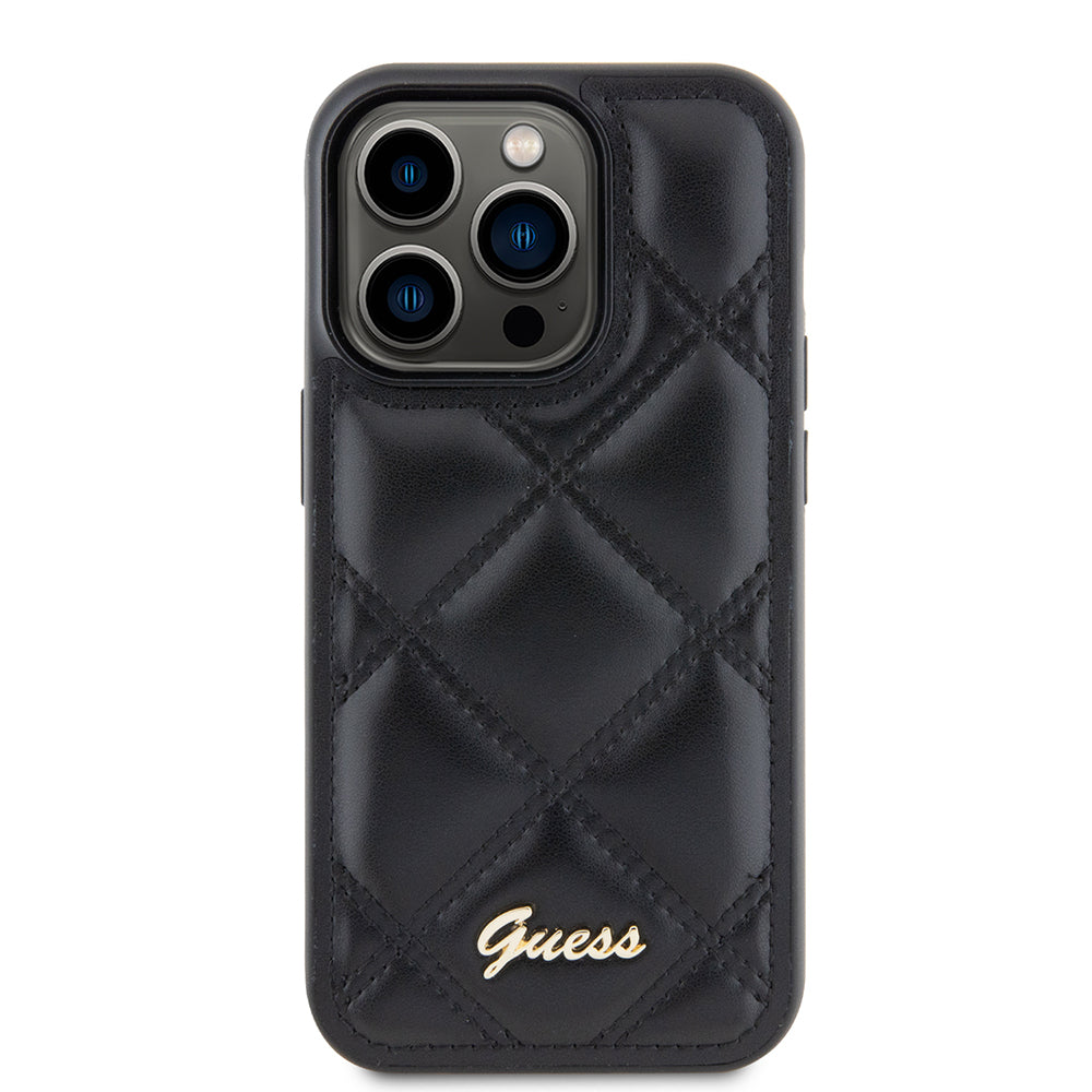 Калъф за Apple iPhone 15 Pro, Guess, Quilted Metal Logo, Черен