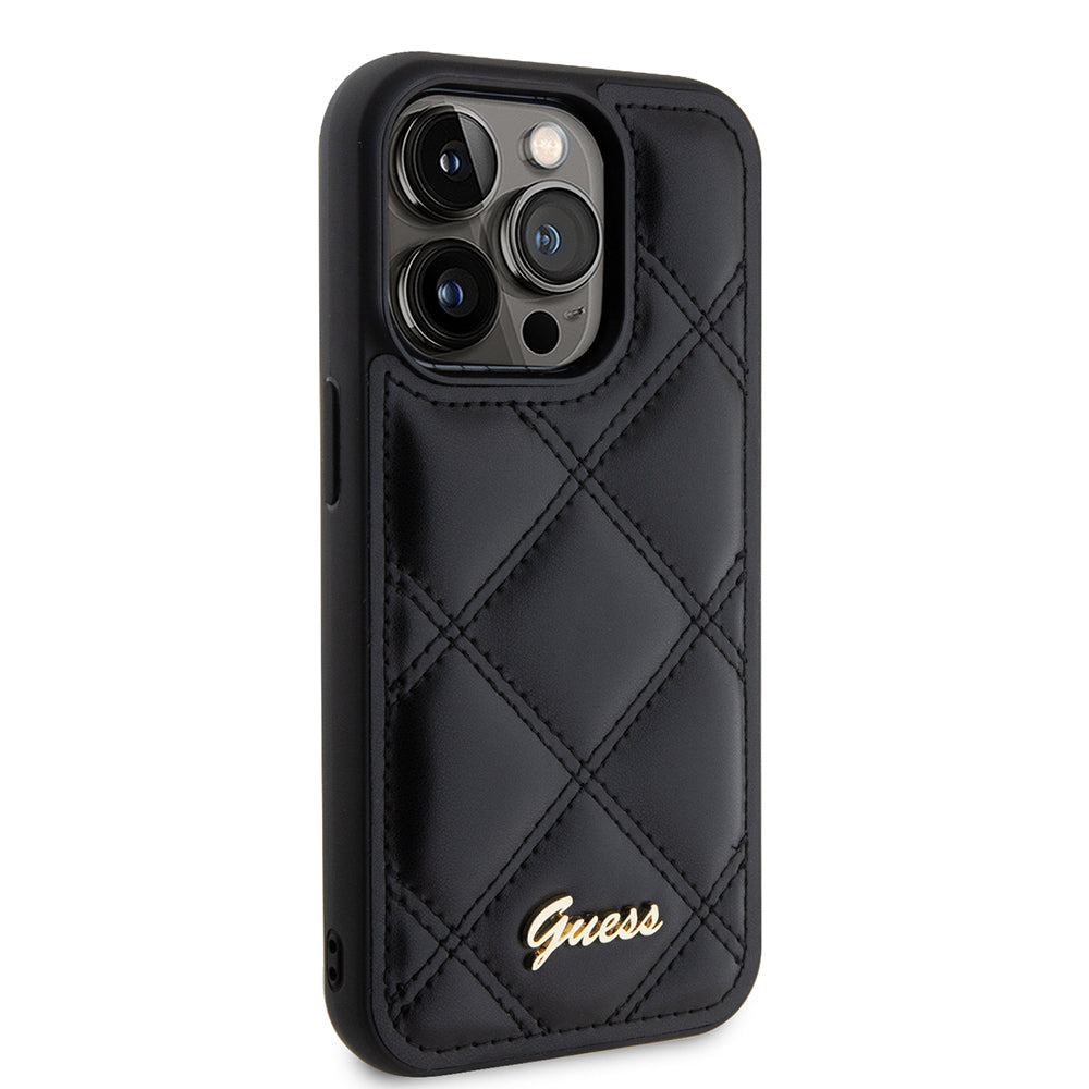 Калъф за Apple iPhone 15 Pro, Guess, Quilted Metal Logo, Черен