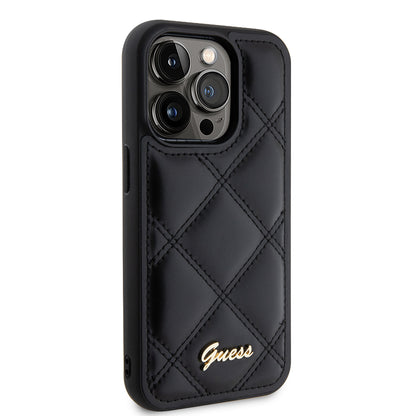 Калъф за Apple iPhone 15 Pro, Guess, Quilted Metal Logo, Черен