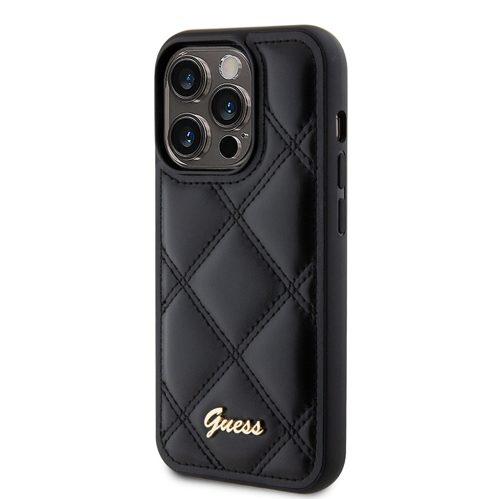 Калъф за Apple iPhone 15 Pro, Guess, Quilted Metal Logo, Черен