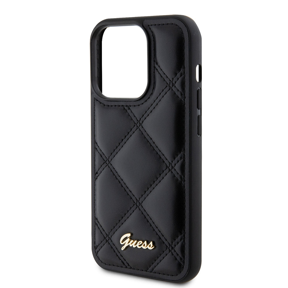 Калъф за Apple iPhone 15 Pro, Guess, Quilted Metal Logo, Черен