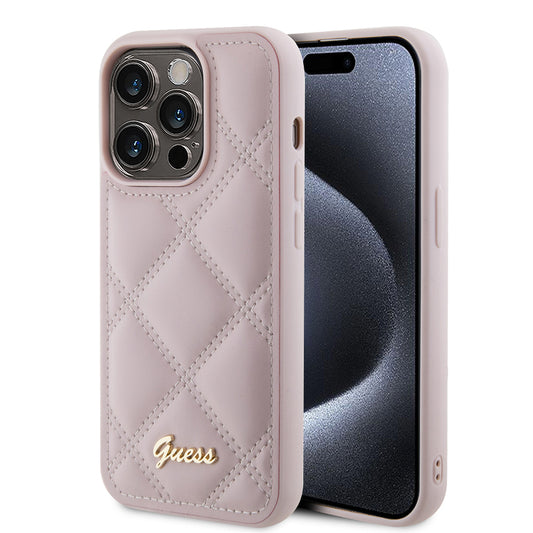 Калъф за Apple iPhone 15 Pro, Guess, Quilted Metal Logo, Розов