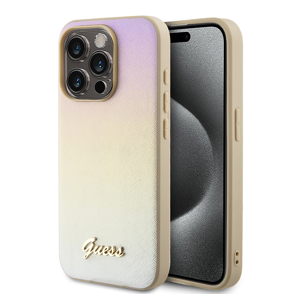 Case for Apple iPhone 15 Pro, Guess, Saffiano Iridescent Script, Gold
