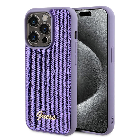 Калъф за Apple iPhone 15 Pro, Guess, Sequin Script Metal, Лилав