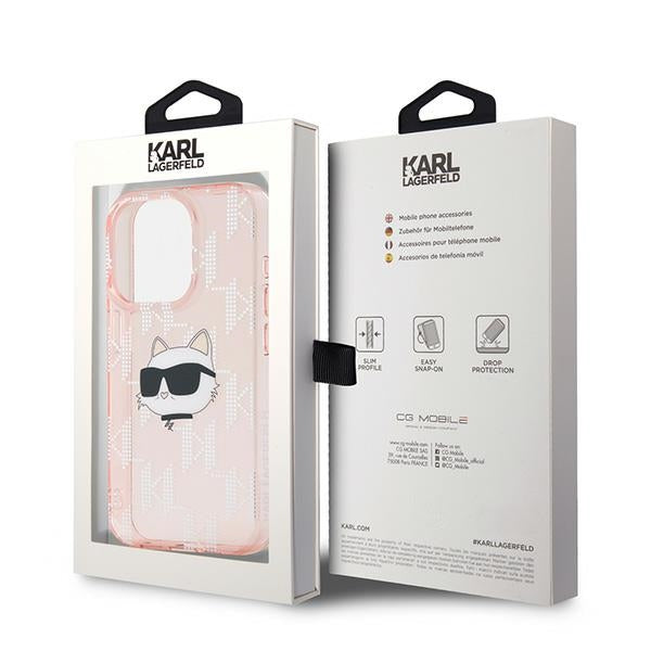 Калъф за Apple iPhone 15 Pro, Karl Lagerfeld, IML Luxury Monogram Choupette's Head, Розов