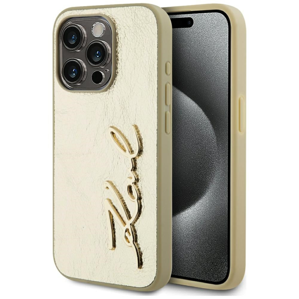 Калъф за Apple iPhone 15 Pro, Karl Lagerfeld, Metal Signature, Златист