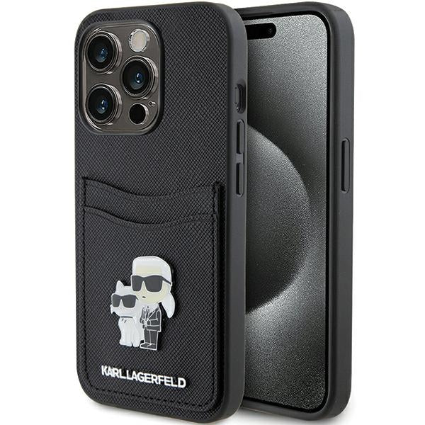 Case for Apple iPhone 15 Pro, Karl Lagerfeld, Saffiano Card Slot Metal Karl & Choupette, Black
