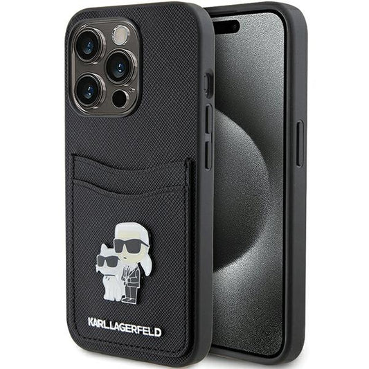 Case for Apple iPhone 15 Pro, Karl Lagerfeld, Saffiano Card Slot Metal Karl & Choupette, Black
