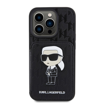 Калъф за Apple iPhone 15 Pro, Karl Lagerfeld, Saffiano Cardslots and Stand Monogram Ikonik Karl, Черен