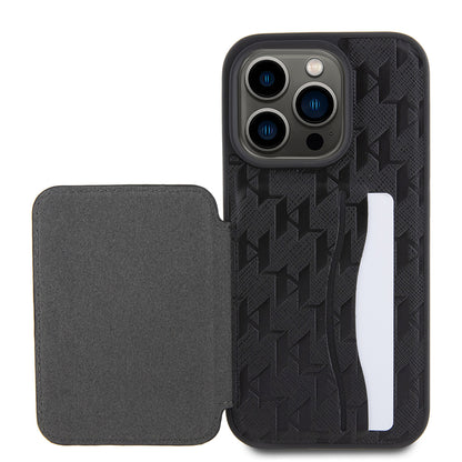 Калъф за Apple iPhone 15 Pro, Karl Lagerfeld, Saffiano Cardslots and Stand Monogram Ikonik Karl, Черен