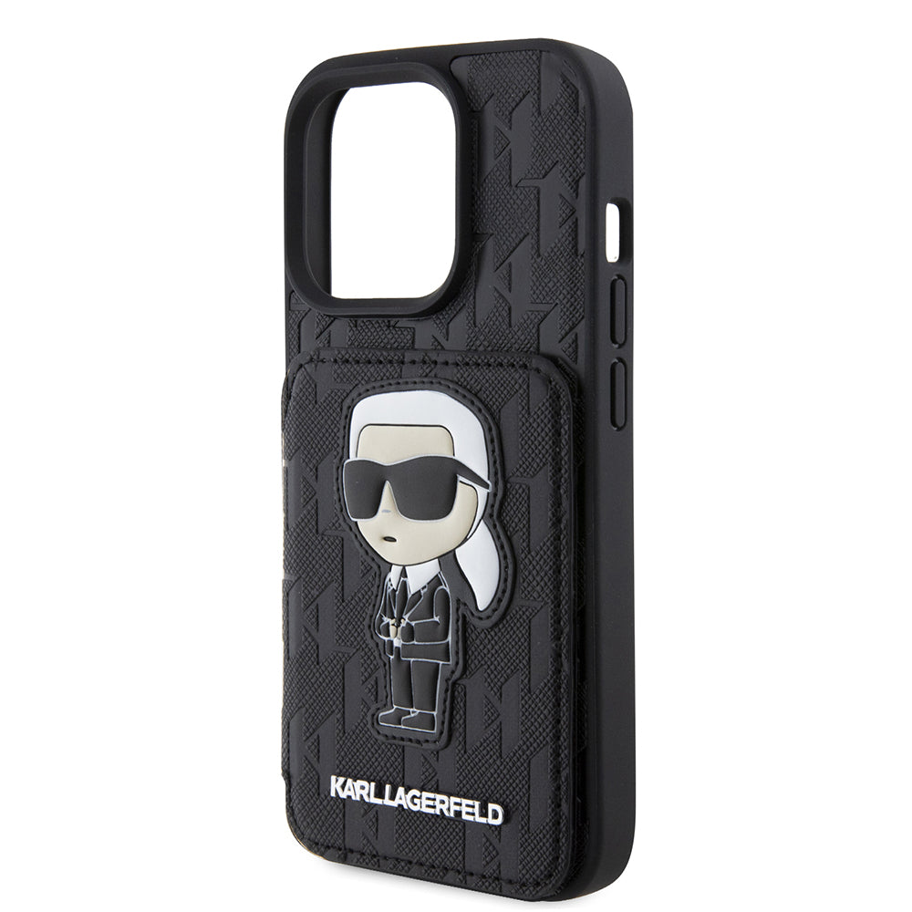 Калъф за Apple iPhone 15 Pro, Karl Lagerfeld, Saffiano Cardslots and Stand Monogram Ikonik Karl, Черен