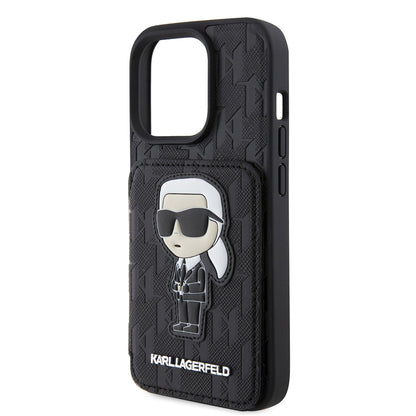 Калъф за Apple iPhone 15 Pro, Karl Lagerfeld, Saffiano Cardslots and Stand Monogram Ikonik Karl, Черен