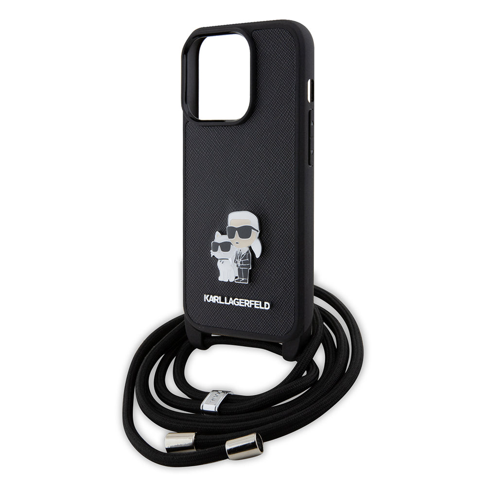 Калъф за Apple iPhone 15 Pro, Karl Lagerfeld, Saffiano Crossbody Metal Pin Karl & Choupette, Черен