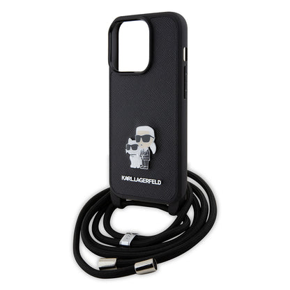 Калъф за Apple iPhone 15 Pro, Karl Lagerfeld, Saffiano Crossbody Metal Pin Karl & Choupette, Черен
