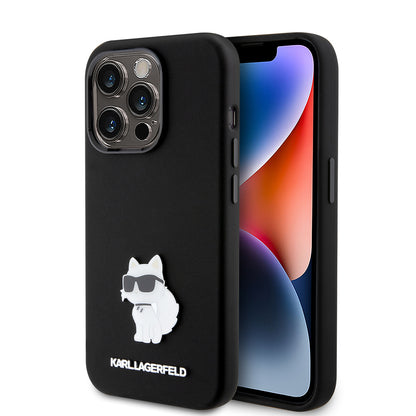 Калъф за Apple iPhone 15 Pro, Karl Lagerfeld, Silicone Choupette Metal, Черен