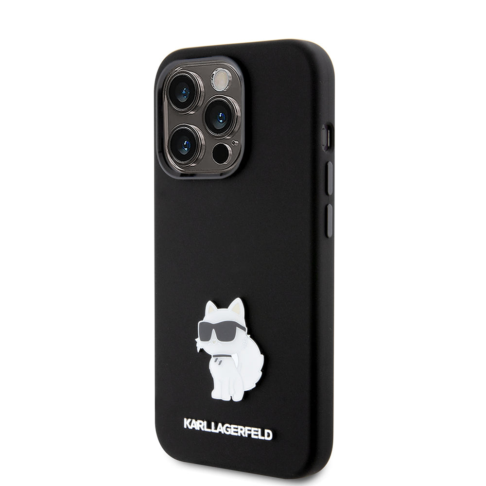 Калъф за Apple iPhone 15 Pro, Karl Lagerfeld, Silicone Choupette Metal, Черен